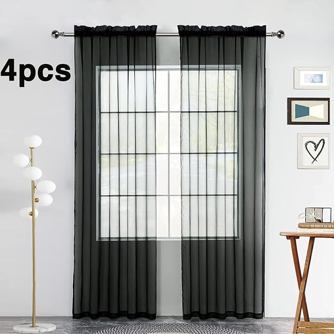 SpaceDresser Black Sheer Curtains 4 Panels Rod Pocket Semi-Sheer Curtain 84 - Image 2