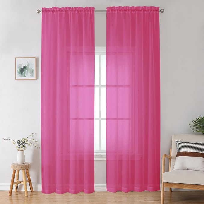 OWENIE Hot Pink Sheer Curtains for Bedroom Living Room 96 Inches Long 2 Panels by OWENIE