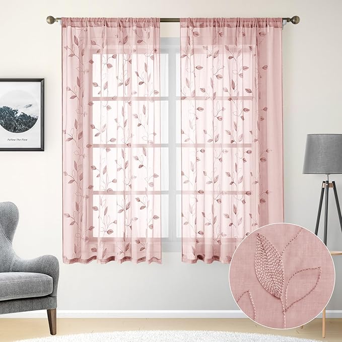 HOMEIDEAS Blush Pink Floral Sheer Curtains 63 Inches Long 2 Panels Embroidered by HOMEIDEAS
