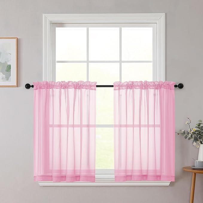 Pink Kitchen Curtains 30 Inch Length Tier 2 PCS, Solid Soft Airy Half Curtains by WelvetBLK