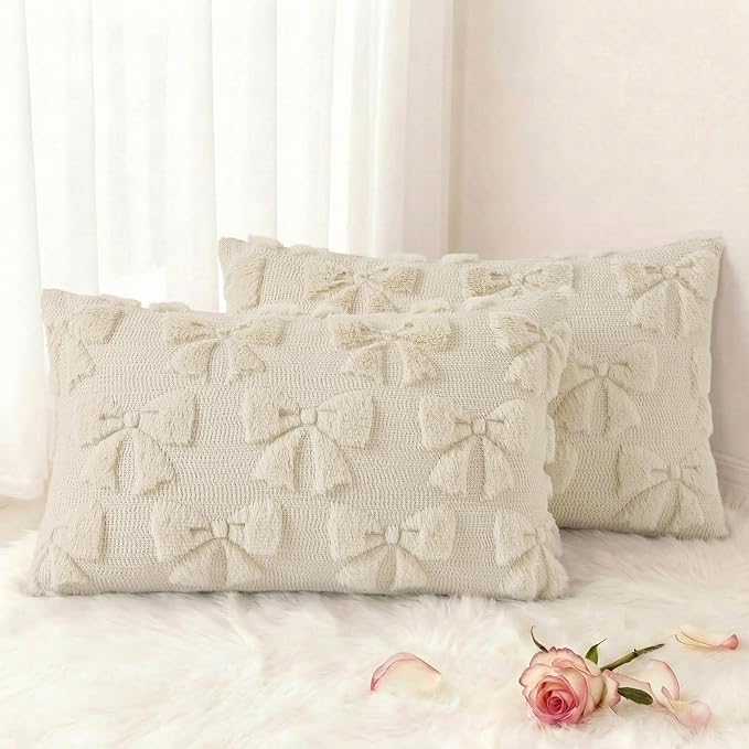 decorUhome Beige Bow Pillow Covers Set of 2 Coquette Aesthetic Cute Preppy by decorUhome