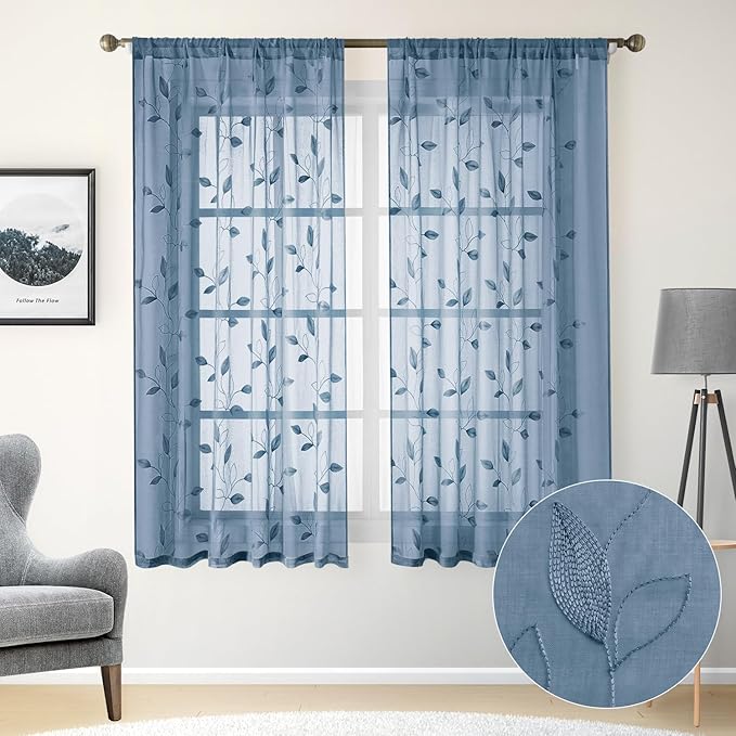 HOMEIDEAS Stone Blue Floral Sheer Curtains 63 Inches Long 2 Panels Embroidered - Image 2