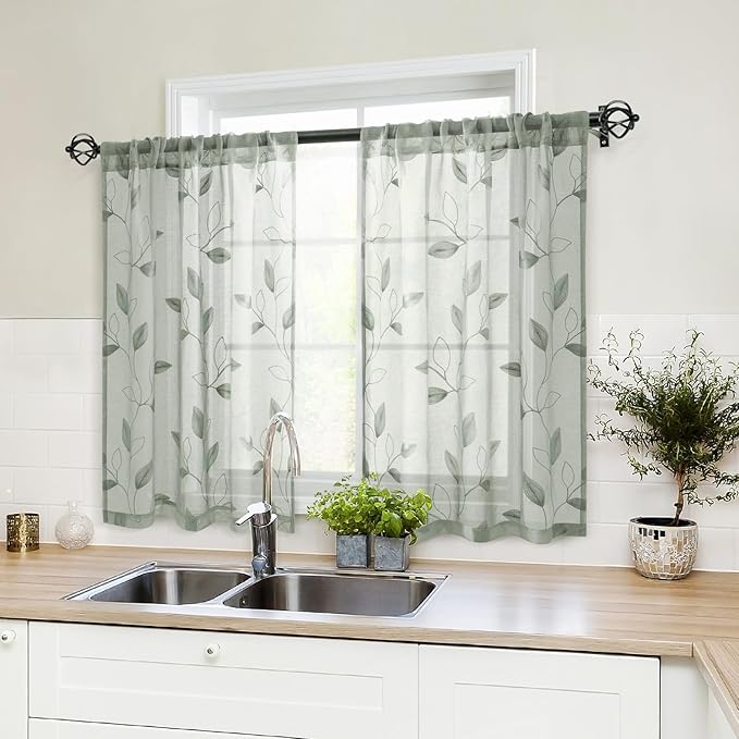 HOMEIDEAS Sage Green Sheer Kitchen Curtains 30 X 36 Inch Length 2 Panels by HOMEIDEAS