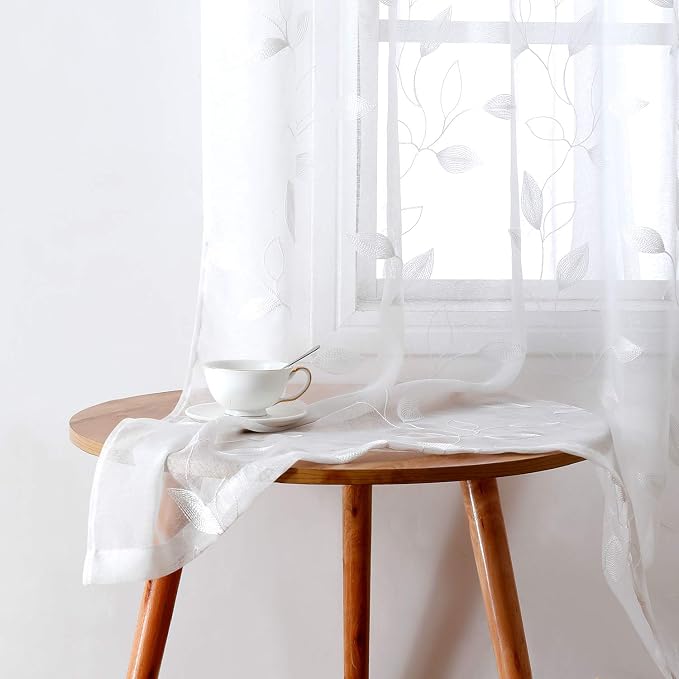 HOMEIDEAS White Sheer Kitchen Curtains 52 x 54 Inch Length 2 Panels Embroidered - Image 2