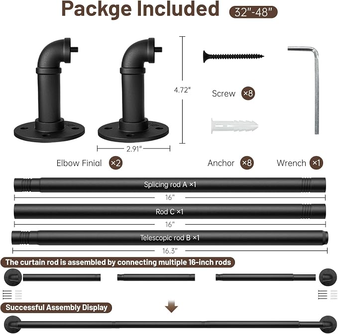 Zeerobee Curtain Rods for Windows 32 to 48, 1 Inch Industrial Wrap Around Black - Image 6