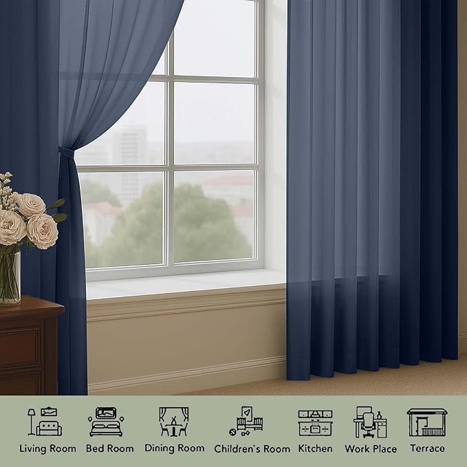 OWENIE Navy Blue Sheer Curtains 120 Inches Long 2 Panels Set, Airy Lightweight - Image 3