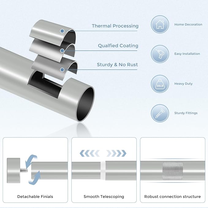 VOIIY Silver Curtain Rods for Windows 72 to 144 Inch, Size:36-144 Inch - Image 7