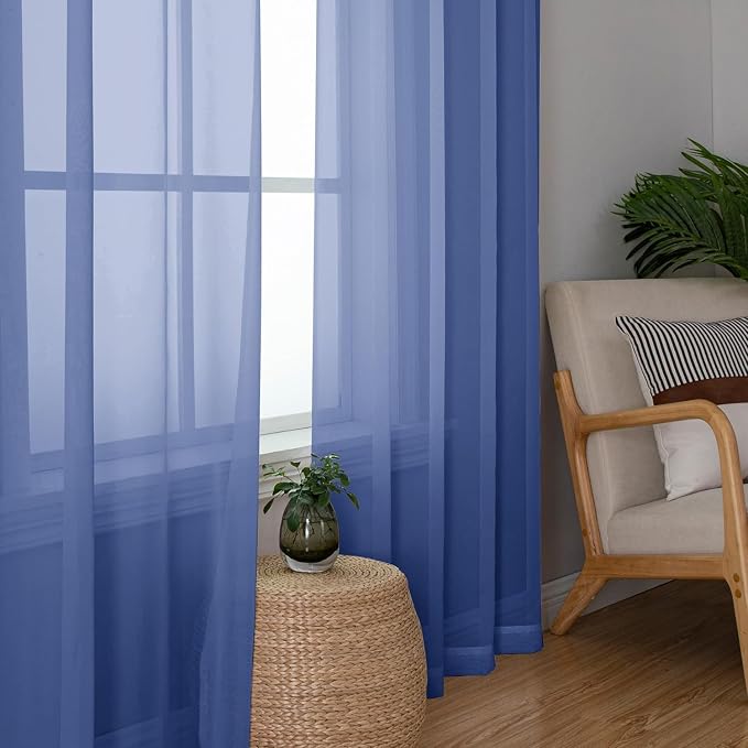 Aiyufeng Royal Blue Sheer Curtains 84 Inches Long 2 Panels Set, Semi - Image 5