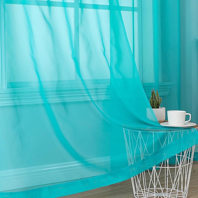 OVZME Turquoise Sheer Curtains 90 Inches Long 2 Panels - Image 7
