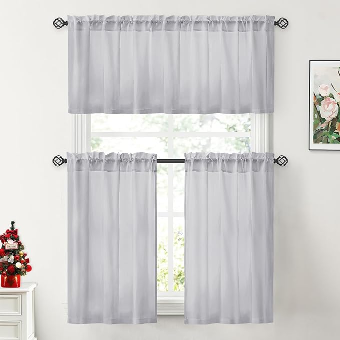 HOMEIDEAS Non-See-Through Light Grey Privacy Sheer Kitchen Curtains, 30 X 36 - Image 2
