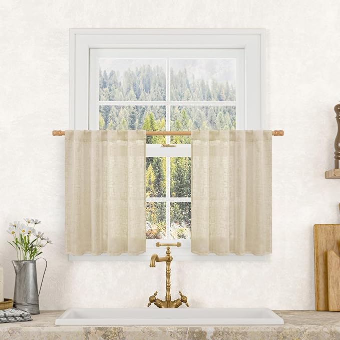 LAMIT Linen Kitchen Curtains 24 Inch Length, Semi Sheer Light Filtering Window by LAMIT