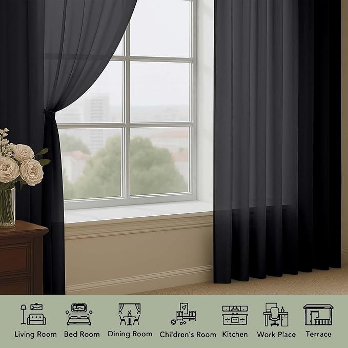 OWENIE Black Sheer Curtains 108 Inches Long - Image 3