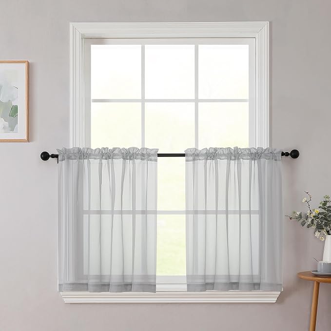Kitchen Curtains 24 Inch Length Tier 2 Pieces, Light Grey Sheer Curtain Solid by WelvetBLK