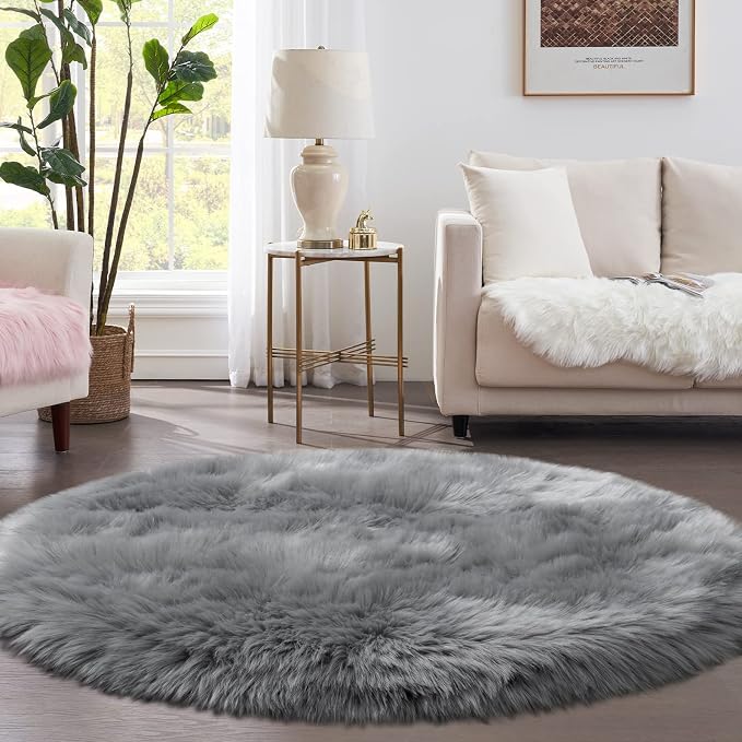 Tangsoo Round Faux Fur Rugs, Sheepskin Round Rug 3ft, 3x3 Fuzzy Plush Fur Rug - Image 4