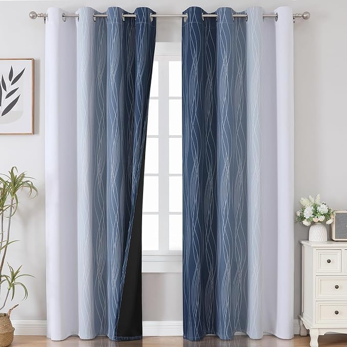 Estelar Textiler Navy Blue and Greyish White Blackout Curtains 108 Inches Long - Image 2