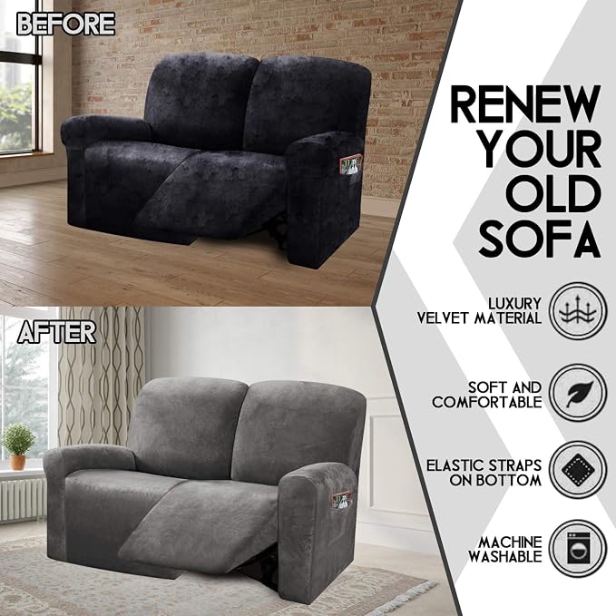 ULTICOR Reclining Love Seat Slipcover, 6-Piece Velvet Stretch Loveseat - Image 5