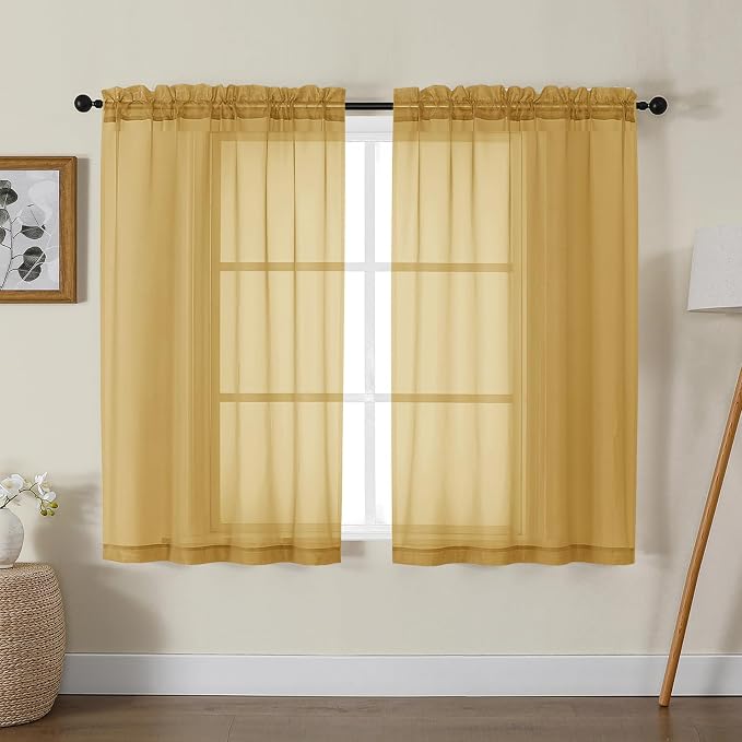 Gwine Gold Sheer Curtains for Living Room 45 inches Long, Short Voile Light by Gwine