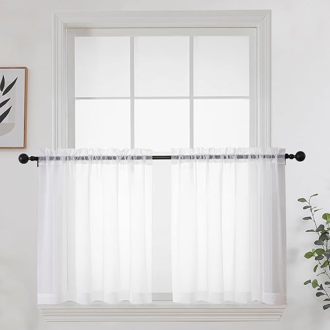 OWENIE White Short Sheer Curtains 24 Inches Long 2 Panels Set by OWENIE