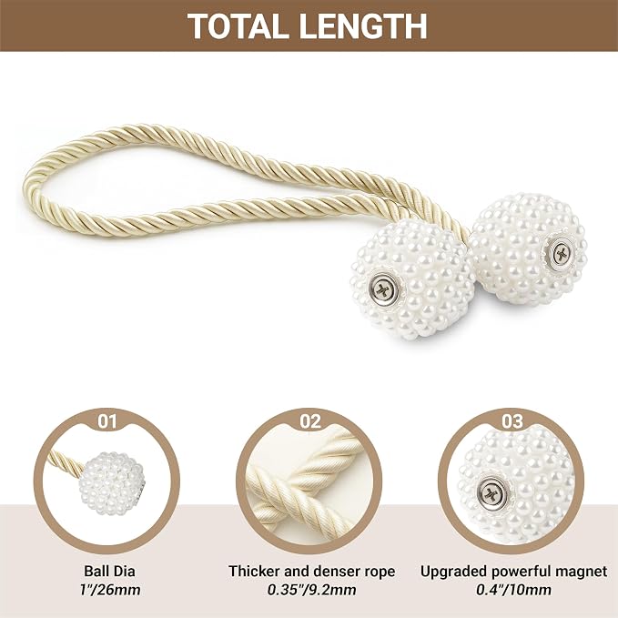 Hion Magnetic Curtain Tiebacks Beige 6 Pack, Curtain Tiebacks Buckles Holdbacks - Image 2
