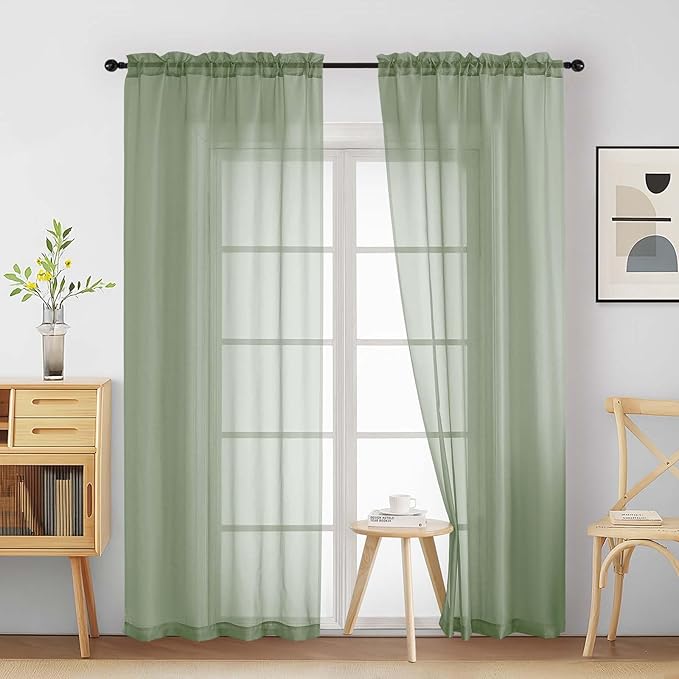 Sage Green Sheer Curtains 84 Inches Long 2 Panels, Elegant Airy Transparent by Home