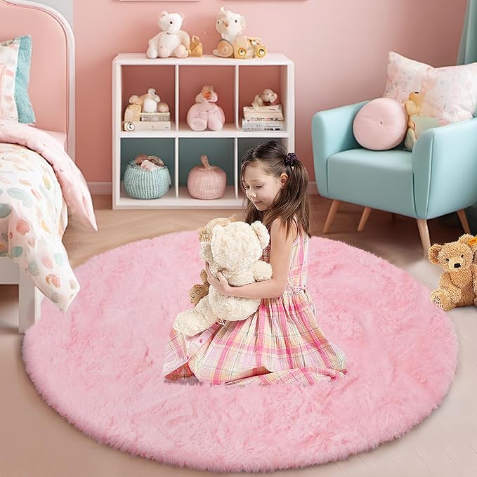 yulidayang Pink Fluffy Round Area Rugs by yulidayang