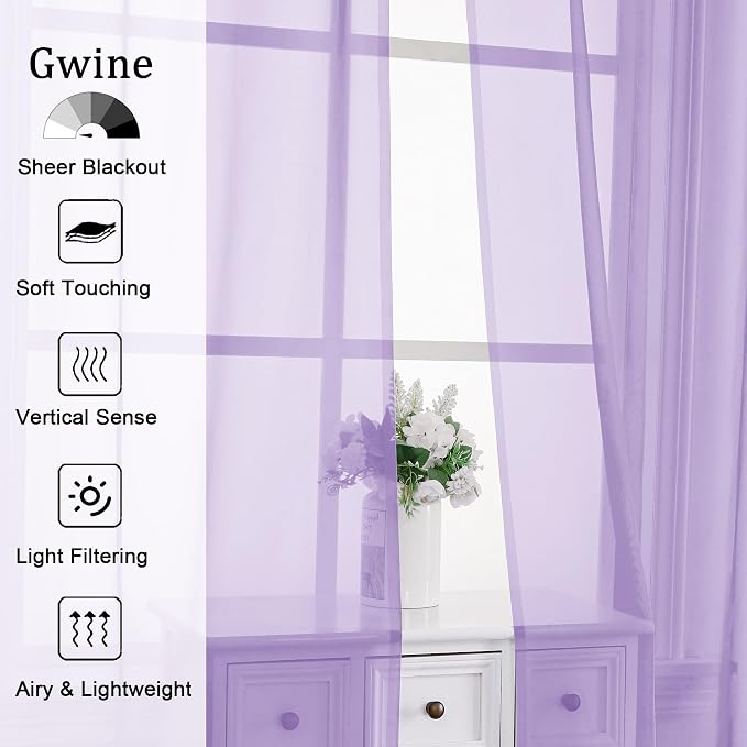 Gwine Lilac Sheer Curtains 90 Inches Long 2 Panels Set, Light Filtering Solid - Image 2