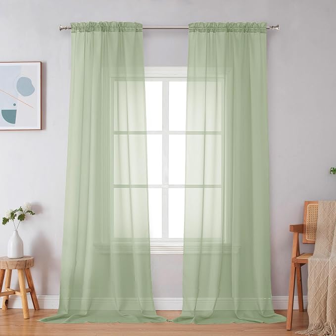 Simplebrand Light Green Sheer Curtains 96 Inches Long 2 Panels, Light Filtering by Simplebrand