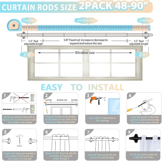 TVWOO 2 Pack Wrap Around Curtain Rods, 5/8 Inch Adjustable Blackout Curtain Rod - Image 7