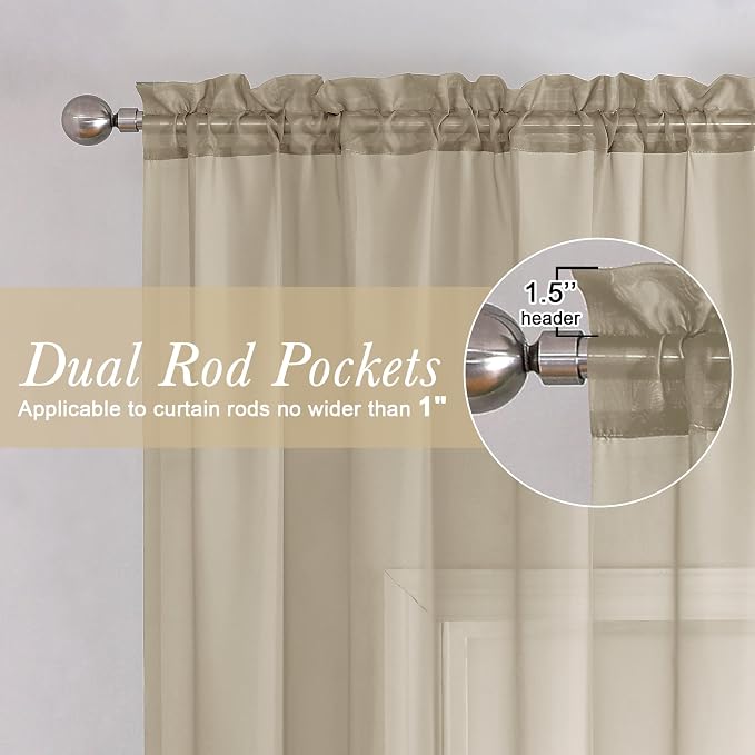 Lecloud Taupe Sheer Curtains 84 Inches Long 2 Panels, Light Filtering Solid - Image 2