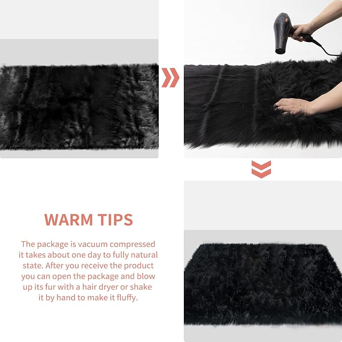 Ciicool Black Fur Fluffy Rug, 2x4 ft Small Faux Fur Rug - Image 7