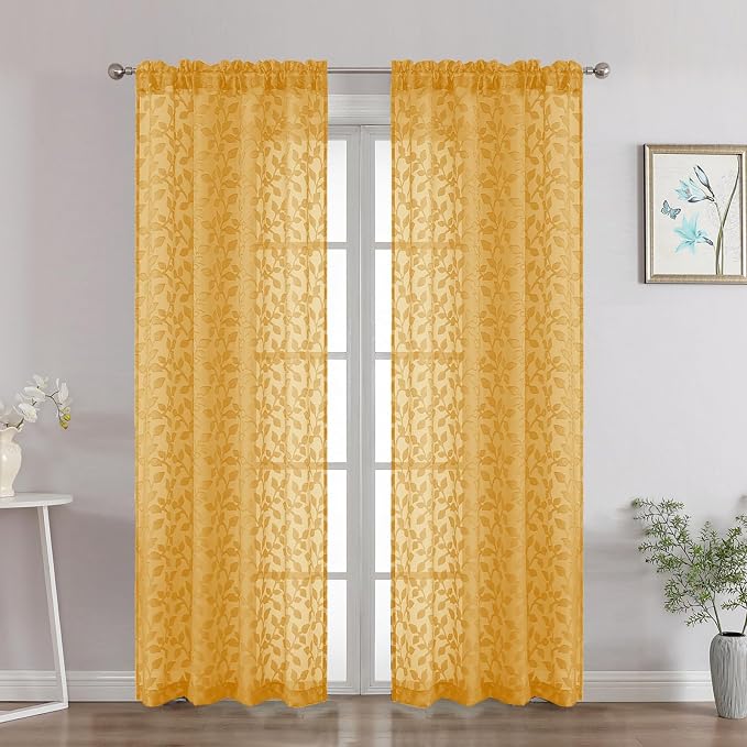 Chyhomenyc Gold Sheer Curtains 72 Inches Long 2 Panels Set, Light Filtering by Chyhomenyc