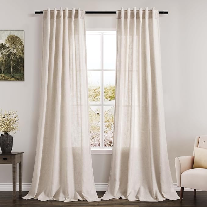Beige Linen Curtains 84 Inch Length 2 Panels Back Tab Rod Pocket Semi Sheer by Nanspring