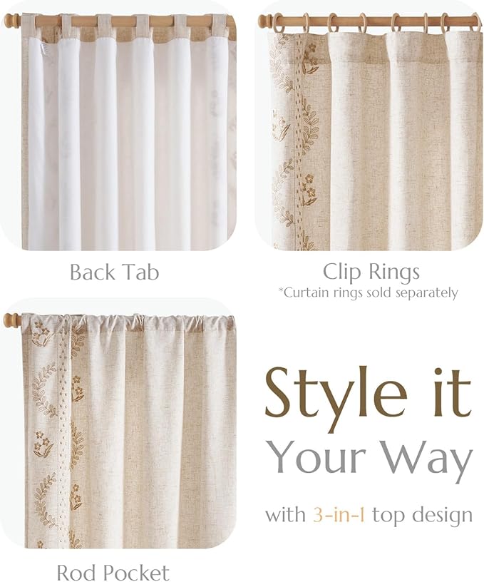 jinchan Belrose Lined Linen Blend Curtains Boho Floral Curtains - Image 7