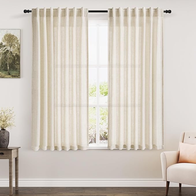 Warm Beige Linen Curtains 63 Inches Long 2 Panel Sets by Nanspring