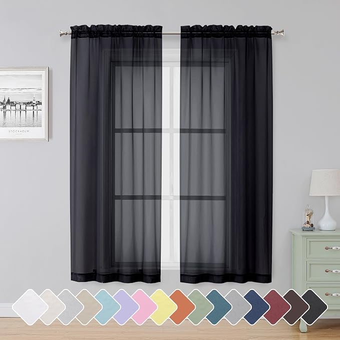 Simplebrand Black Sheer Curtains 63 Inch Length 2 Panels, Rod Pocket Solid by Simplebrand