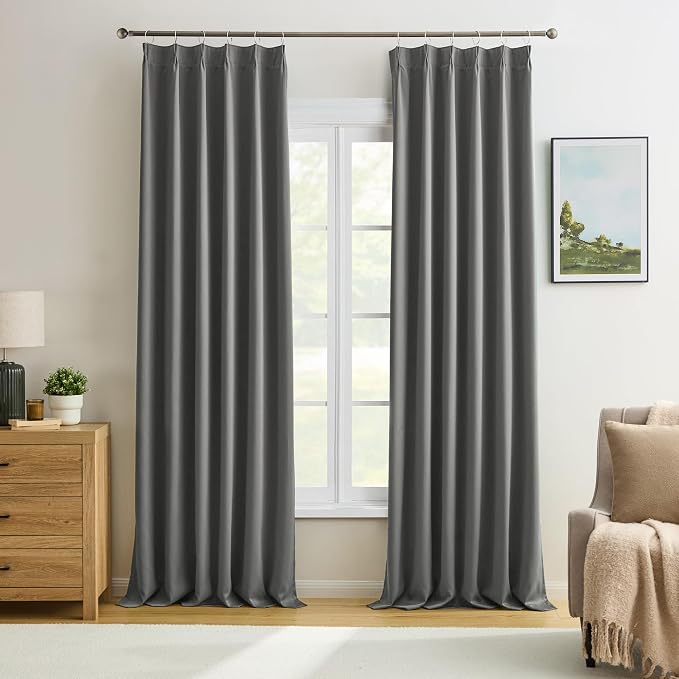 Grey Pinch Pleat Curtains & Drapes 156 Inches Long 2 Panels Set, Privacy by KEQIAOSUOCAI