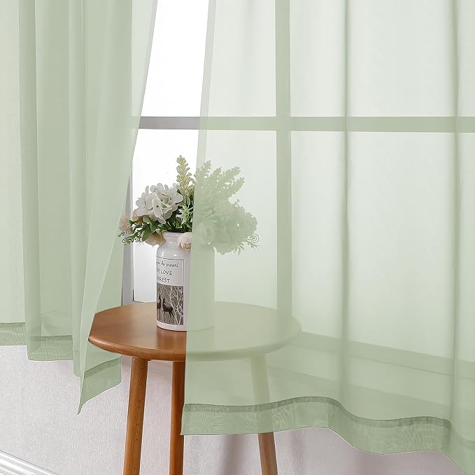 Lecloud Light Green Sheer Curtains 63 Inch Length 2 Panels Set, Elegant Voile - Image 3