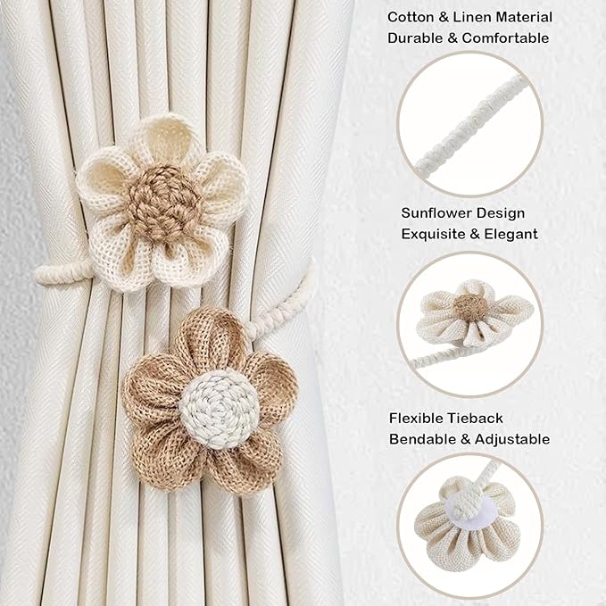 SRG Rope Curtain Tiebacks 2 Pack | Sunflower Curtain Tieback Boho | Simple - Image 3