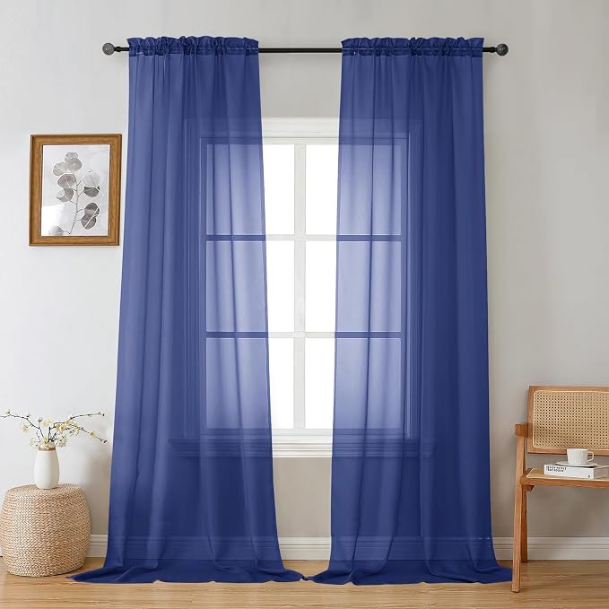 Gwine Royal Blue Sheer Curtains 96 Inches Long 2 Panels, Elegant Window by Gwine