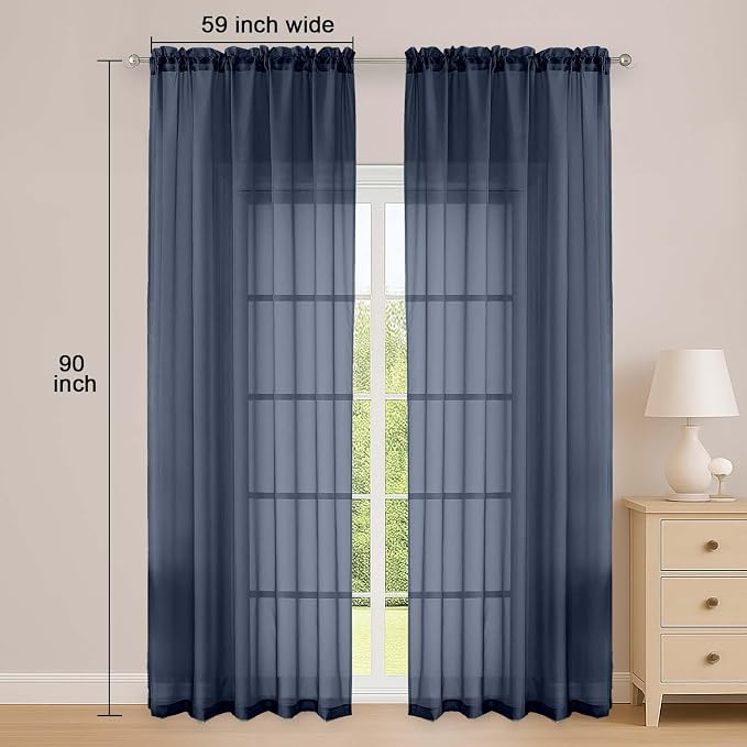 OWENIE Navy Blue Sheer Curtain 90 Inches Long 2 Panels Set, Solid Filmy Drapes - Image 2