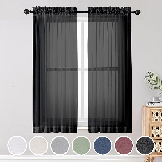 OWENIE Black Sheer Curtains, Sheer Curtains 63 inch Length 2 Panels Set by OWENIE