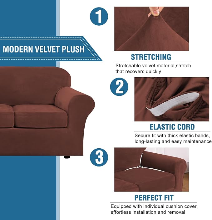 H.VERSAILTEX Real Velvet Plush 3 Piece Stretch Sofa Covers Couch Covers - Image 3