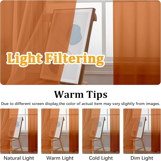 Gwine Burnt Orange Sheer Curtains 84 Inches Long 2 Panels Set - Image 5