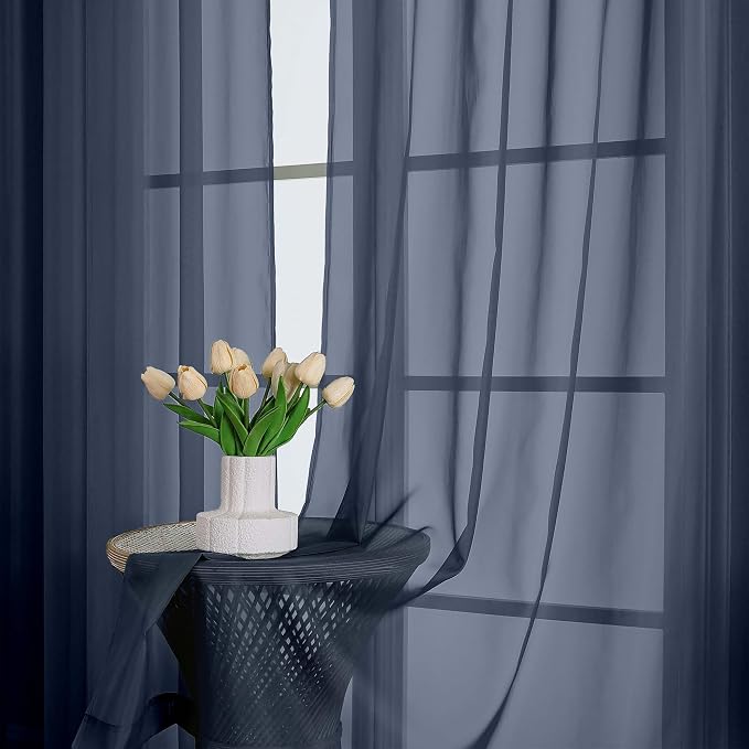 Lecloud Navy Blue Sheer Curtains 63 Inch Length 2 Panels, Rod Pockets Window - Image 8