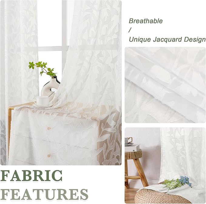 Lecloud Leia Ivory Sheer Curtains 120 Inches Long 2 Panels, Jacquard Textured - Image 5
