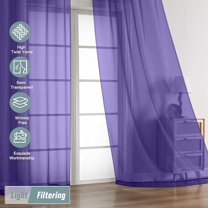 Purple Sheer Curtains 84 Inches Long 2 Panels, Elegant Airy Transparent Light - Image 5