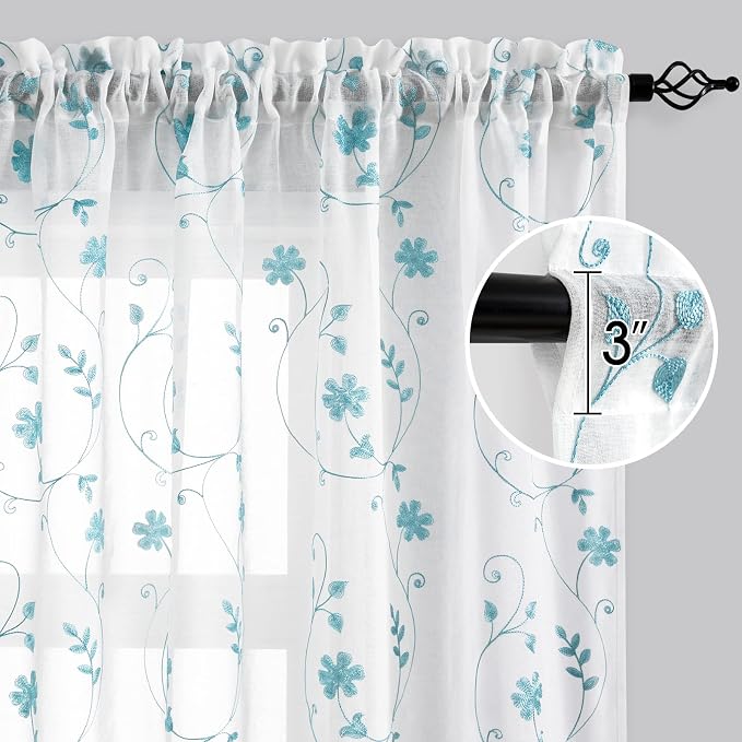 HOMEIDEAS White and Blue Embroidered Floral Sheer Curtains 84 Inches Long 2 - Image 6