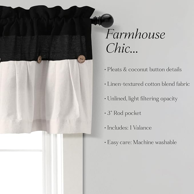 Lush Decor Linen Button Farmhouse Valance Curtians 52"W x 18"L Black & White - Image 6