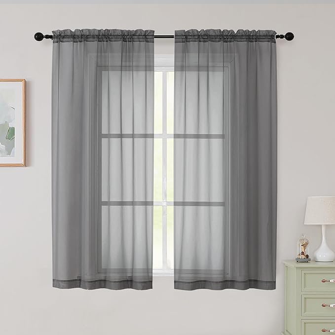 Sheer Grey Curtains for Bedroom Living Room 54 Inch Length 2 Panels Set by WelvetBLK