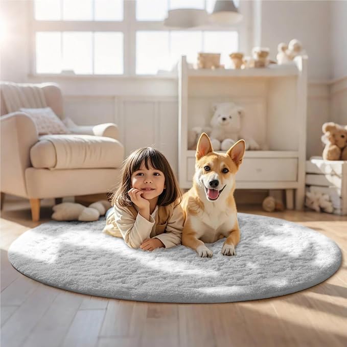 Ophanie White Round Rug 5Ft Circle Area Rug, Aesthetic Room Decor, Fluffy Fuzzy - Image 3